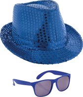 Toppers - Carnaval verkleed setje - glitter pailletten hoedje en party zonnebril - blauw - volwassenen