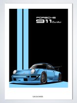 Porsche 911 Turbo Blauw op Poster - 50 x 70cm - Auto Poster Kinderkamer / Slaapkamer / Kantoor