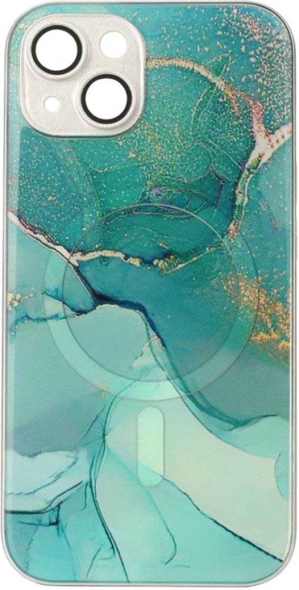 Apple iPhone 15 Plus Hoesje Bloem Groen Marmer, Met Lensbeschermer - Magsafe - Magneet Case Met Ring en camera cover