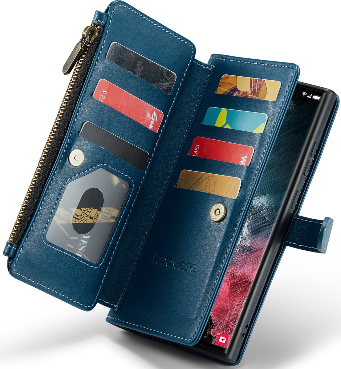 Hoesje geschikt voor Samsung Galaxy S22 Ultra - ZipCase Book Cover Case Kunstleer Smaragd Blauw
