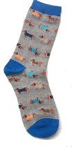 Teckel - sokken - 1 paar sokken - teckelprint - maat 35/38 - grijs - blauw - hond - dachshund - teckelsokken - teckel sokken