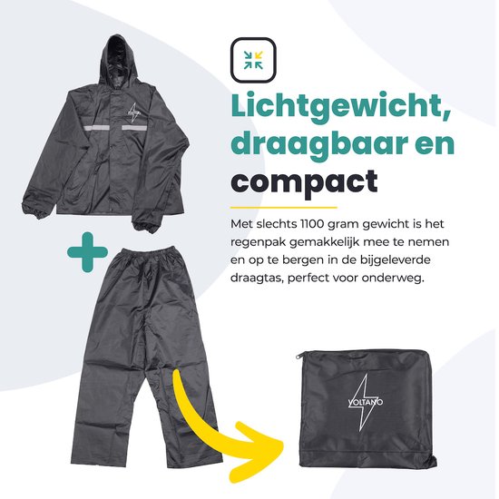 Zwart regenpak met capuchon en broek, en een opvouwbare draagtas. De tekst "Lichtgewicht, draagbaar en compact" staat ernaast.