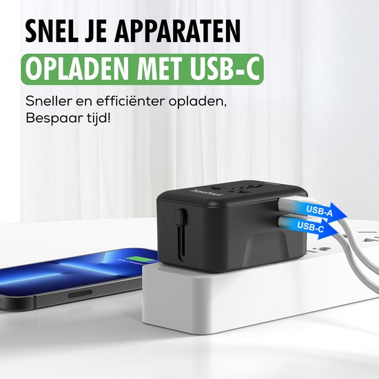 TravelHawk Universele Wereldstekker met USB-C en USB Poort - Reisstekker - Internationale Reisstekker voor 150+ landen - Amerika (USA) - Engeland (UK) - Australië - Azië - Zuid Amerika - Afrika - Wereldstekkers - Zwart