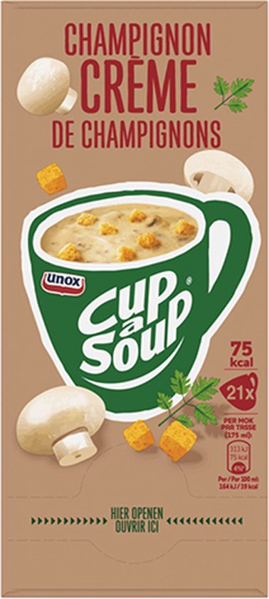 Unox Cup-a-Soup Champignon Crème verpakking met mok soep, champignons, croutons en peterselie. 75 kcal, 21x 175ml.