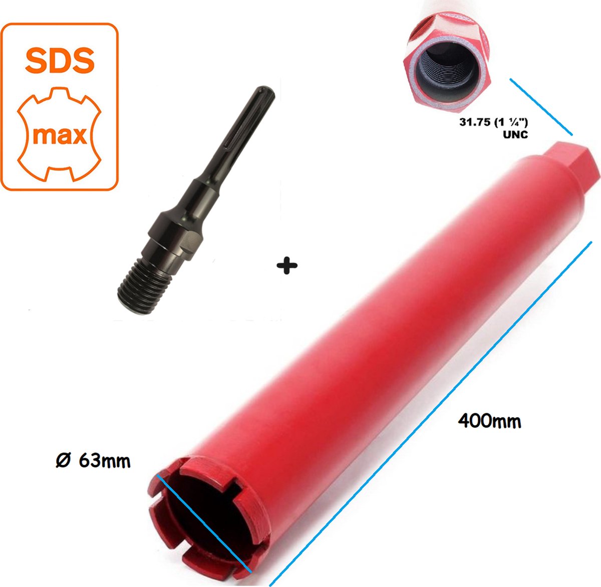 SDS-MAX Adapter + Kernboor diamantboor betonboor 63 x 400 gatenboor diamantboorkroon diamant boor kernboormachine airco boorkroon aansluiting boormachine 1-1/4'' UNC schroefdraad