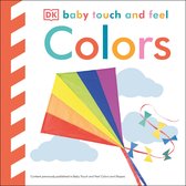 Boek 'Colors' met een regenboogvlieger en wolken. Tekst: DK baby touch and feel Colors.