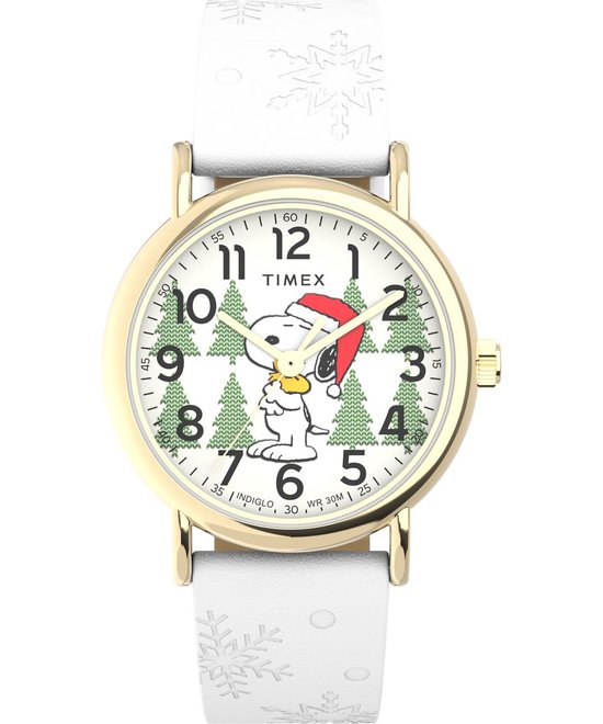 Timex Peanuts Weekender TW2W24100 Horloge - Leer - Wit - Ø 38 mm
