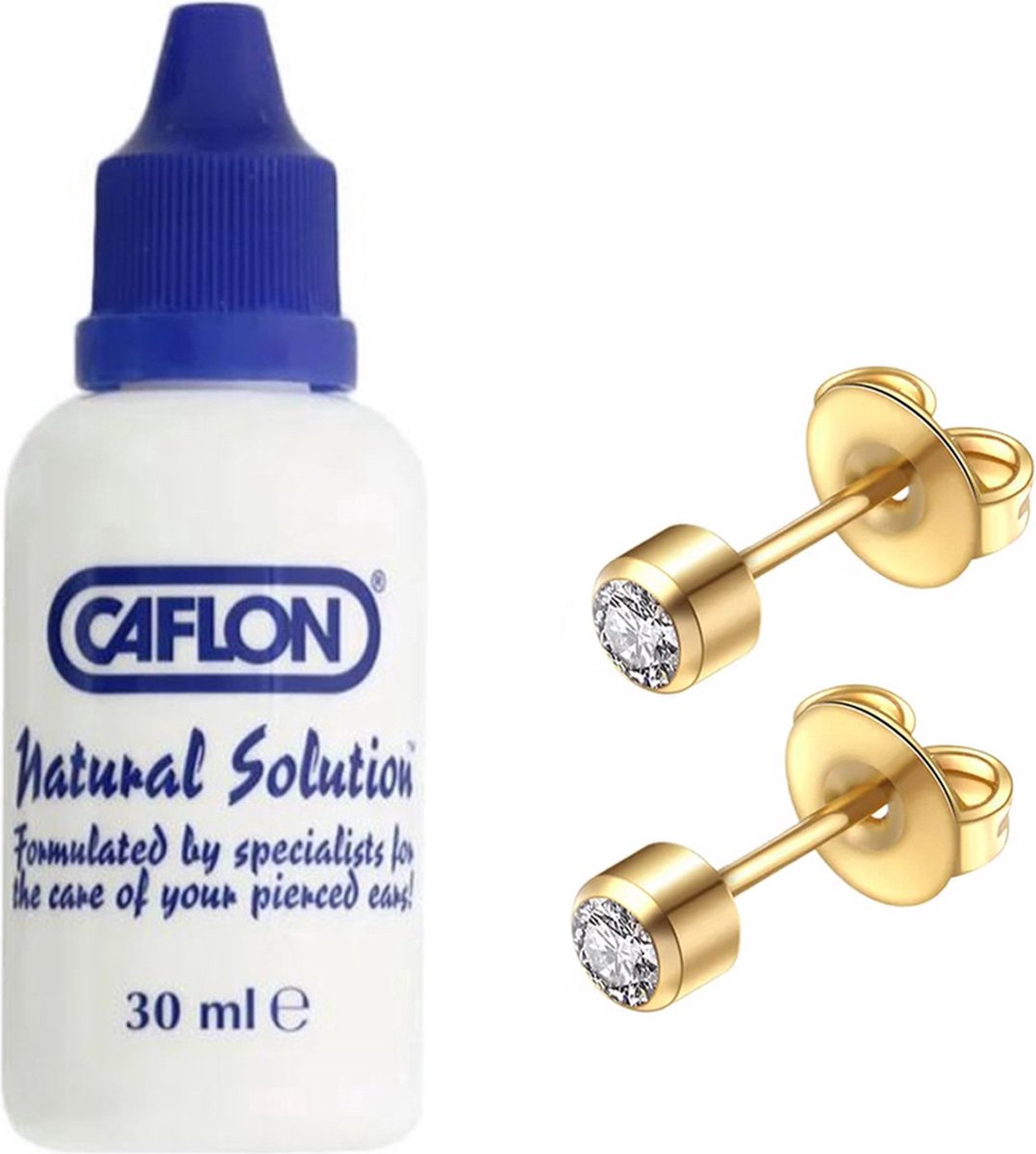 Goedkoopste Caflon piercing set steriel verpakte oorknopjes goudkleurig met naturel steen en 1 flesje desinfectie lotion 30ml