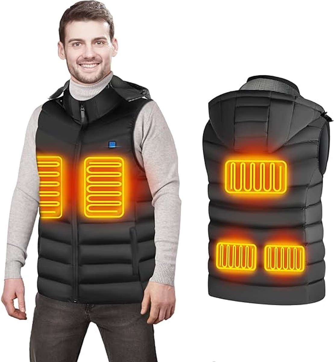 USB verwarmd vest - Voor dames en heren - Maat XL - Bodywarmer met 3 warmte niveaus - 5 verwarming zones - Afneembare capuchon - Verstelbare temperatuur - Zwart