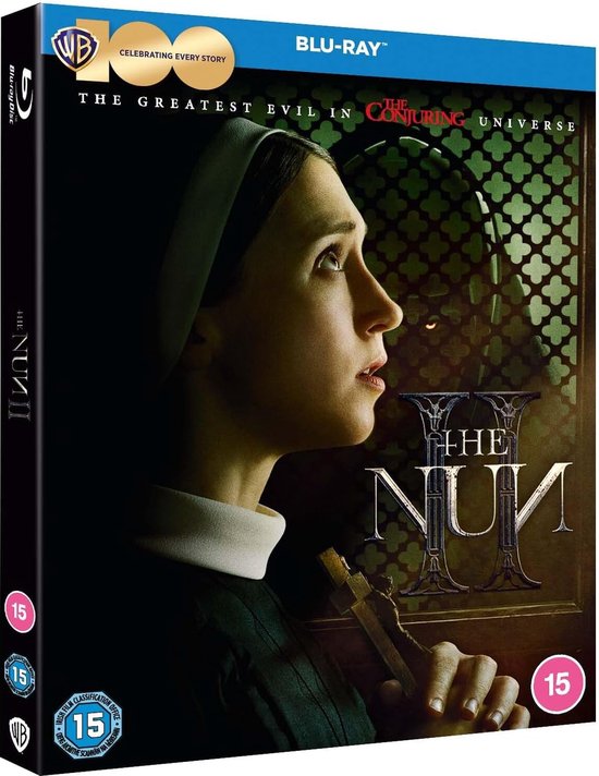 Blu-ray hoes van The Nun II met een non in profiel die een kruis vasthoudt, met achtergrond van The Conjuring Universe.