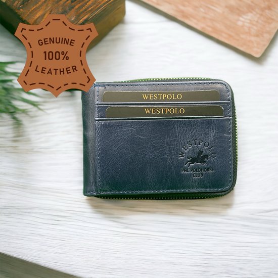 Westpolo leren pasjeshouder unisex - geschikt voor 8 pasjes & briefgeld - portemonnee - creditcardhouder - kaarthouder donkerblauw - met luxe cadeaubox - 534C