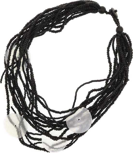 Collier Behave perles en bois noires et pendentifs coquillages blanc 45 cm