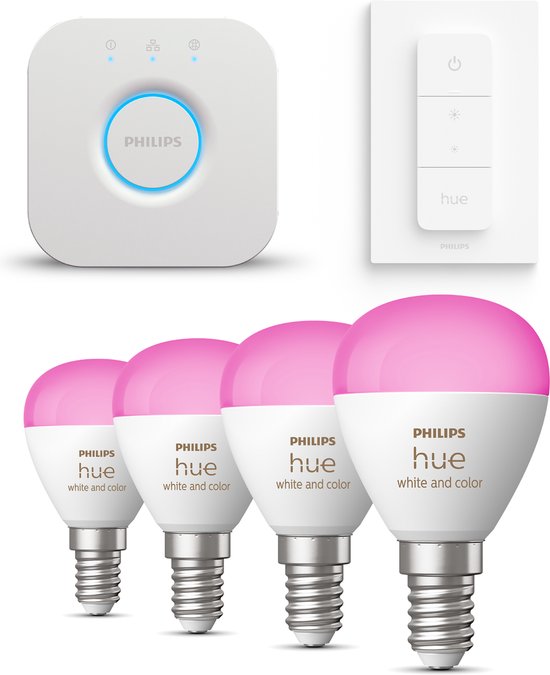 Philips Hue Starterspakket White and Color Ambiance Kogellamp E14 - 2 Hue Lampen, Bridge en Dimmer Switch - Eenvoudige Installatie - Werkt met Alexa en Google Home