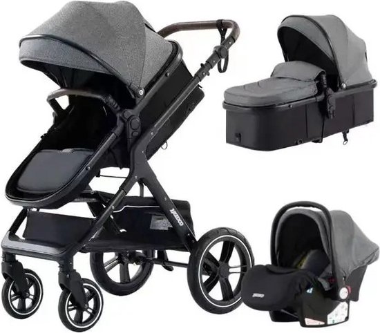 Premium 3-in-1 Kinderwagen - Draagbaar, Opvouwbaar, met Vering - Aluminium Frame - Inclusief Autostoel - Kwalitatieve Buggy voor Pasgeboren Baby - Luxe Multifunctionele Combi Kinderwagen - Grijs/Zwart
