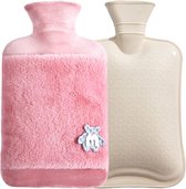 Warmwaterkruik met overtrek, 2 liter warmwaterkruiken met kangoeroezak, lekvrije warmtefles, handwarmer voor kinderen en volwassenen, voor pijnverlichting (roze)