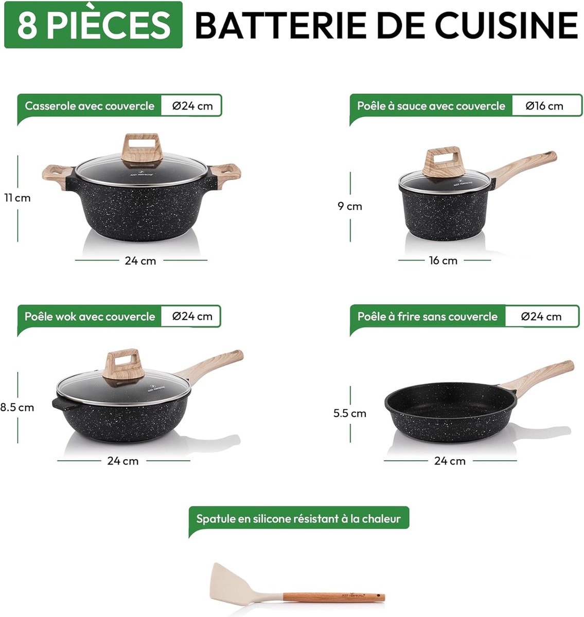 8 Delige Pannenset Inductie - Pannenset Met Deksel Voor Alle Waarmtebronnen - Braadpan 24 cm - Koekenpan 24 cm - Wokpan 24 cm - Steelpan 16 cm - Glazen Deksel - Anti-Aanbak Kookpannenset – foto 6