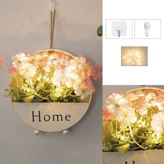 CNL Sight Wand decoratie - Ronde stijlvolle muur plantenbak set met Hak, spijker, LED-verlichting en Kunst bloemen- DIY bloemstuk-Muur Bloempot set -hangende bloempot set - ronde ijzeren-Wit met & kunst chrysant