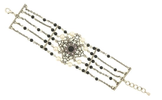 Bracelet de luxe Behave Ladies couleur argent avec perles noires et blanches 20 cm