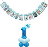 Feest Decoratie Set Blauw - Feestpakket 1 Jaar - Eerste Verjaardag - Foto Slinger - Ballonnen Set Blauw - Verjaardag Versiering - Baby/Kind - Folie Ballon 1 Jaar - First Birthday Set Blue - Photo Banner