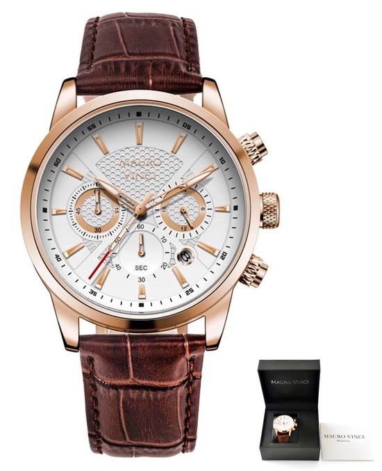 Horloge bruin leer en witte wijzerplaat - Mauro Vinci MAVERICK - Inclusief geschenkverpakking - Kerstcadeau - Sportieve horloges voor mannen
