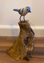 Handgemaakte houten vogel op stam - blauw - hoog