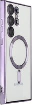 Silicone Back cover Geschikt voor Samsung Galaxy S23 Ultra met lensbeschermer/Magsafe compatible /magneet case Telefoonhoesje/transparant met Paars randen
