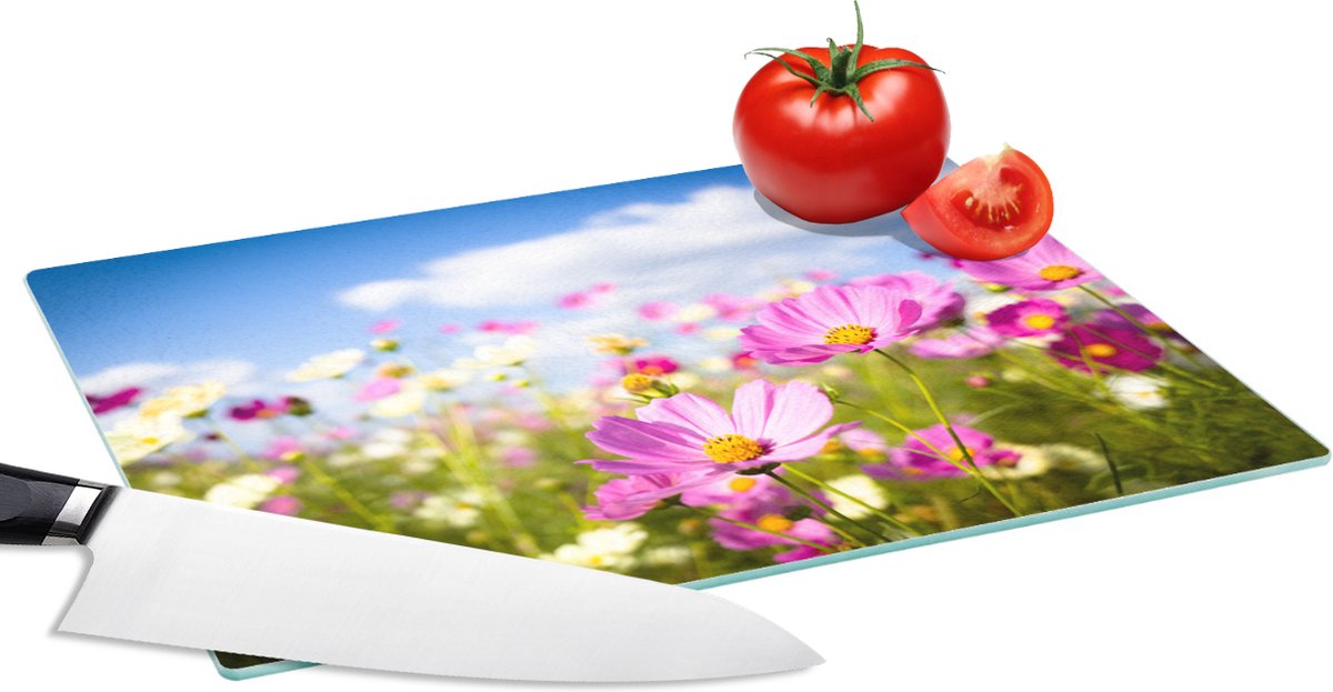 Glazen Snijplank - 28x20 - Bloemen - Wei - Paars - Gras - Wit - Wolken - Blauw - Snijplanken Glas