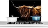 Spatscherm keuken 80x55 cm - Kookplaat achterwand Schotse Hooglander - Horens - Zwart - Dieren - Natuur - Wild - Koe - Muurbeschermer - Spatwand fornuis - Hoogwaardig aluminium - Alternatief voor glazen spatscherm