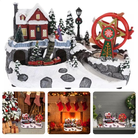 Cheqo® Magisch Kerstdorp - Met Draaiend Wonderwiel en Betoverende Trein - Verlichte Attracties en Bewegende Spektakels - Handgeschilderd - Op Batterij - 34 x 19,5 x 19 cm - Kersttafereel - Kermis - Kerstdecoratie - LED Licht