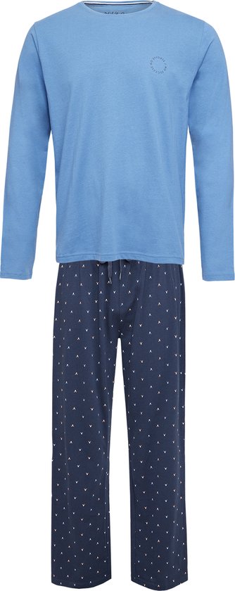 Phil & Co Lange Heren Winter Pyjama Set Katoen Print Op De Broek Blauw - Maat XL