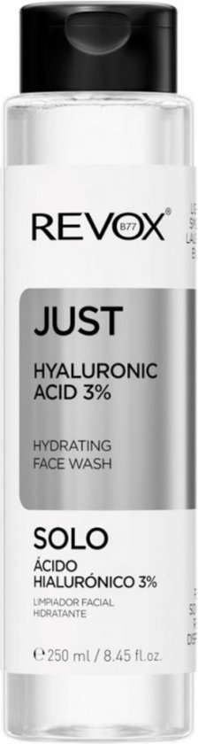 REVOX JUST HYALURONIC ACID 3% Hydrating Face Wash, 250 ml transparante fles met zwarte dop.