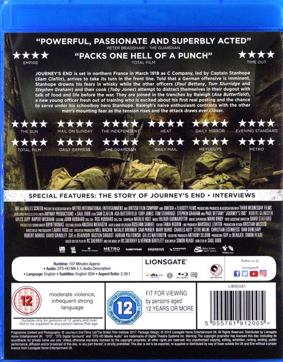 Achterkant Blu-ray cover voor "Journey's End" met filmdetails, recensies en logo's. Bevat informatie over extra's en technische specificaties.