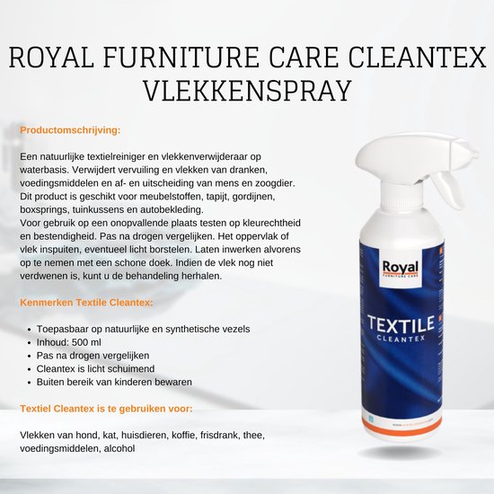 Tekstpagina over Royal Furniture Care Cleantex Vlekken spray met een productafbeelding.