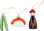 Supervintage glazen eten kerstornamenten set van 3 - Sushi Soja Saus en Bonen - kerst 5 x 12 cm