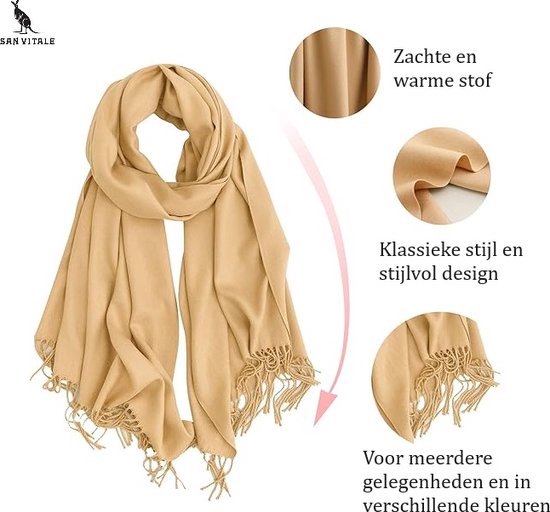 San Vitale® - Luxe Sjaal - Pashmina Shawl - Cashmere/Kasjmier Mix - Omslagdoek - Camel