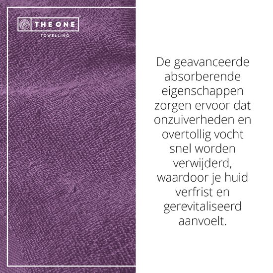 Paarse washand met textuur en uitleg over de absorberende eigenschappen.