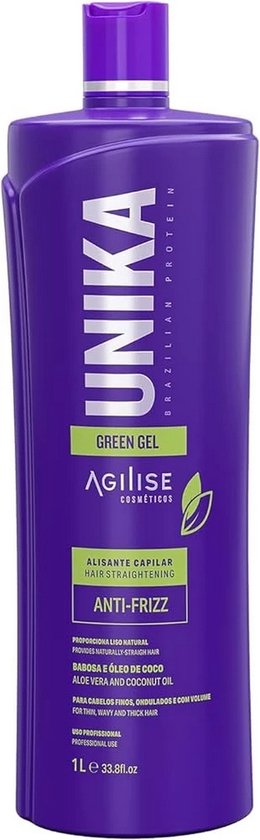 Bouteille violette de lissage pour cheveux avec texte vert et blanc. Agilise Unika Green Gel.