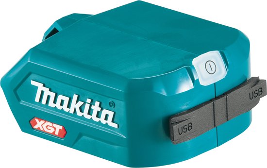 Makita XGT USB-adapter in turquoise met wit logo, rode XGT-badge en USB-poorten.