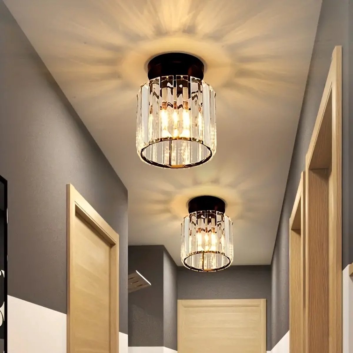THA Hanglamp - Gangpad - Verlichting - Lamp - Kristal Look - Plafonnière - Rond - Warm Licht - Zwart - E27