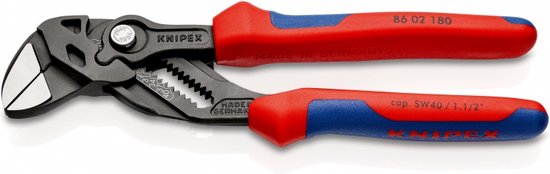 Knipex waterpomptang met rood-blauwe handvatten. Model 86 02 180.