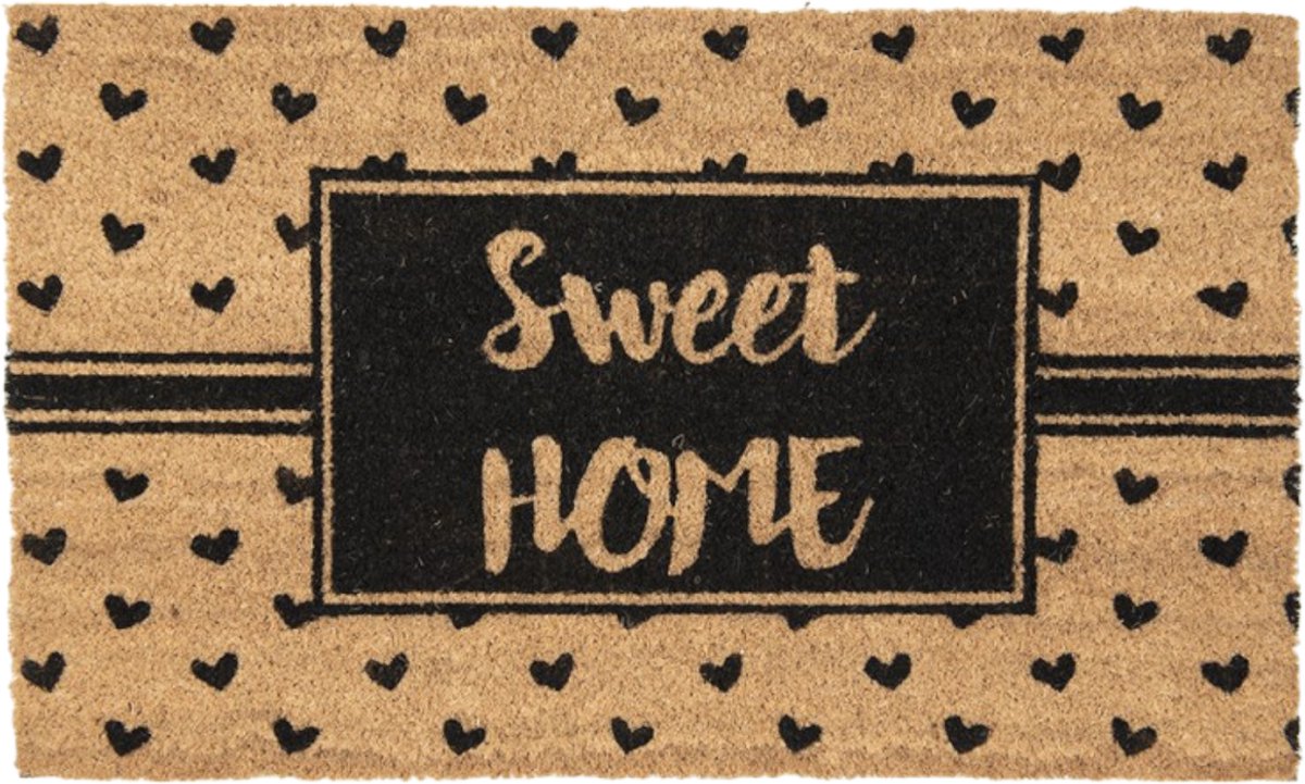 Clayre & Eef Deurmat 75x45 cm Bruin Zwart Kokosvezel Pvc Rechthoek Harten Sweet Home Kokosmat
