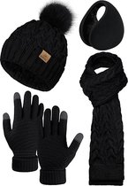 Winterset volwassenen - Zwart - 4 stuks - Muts pom pom, sjaal, oorwarmers, touchscreen handschoenen - 4-delige set - Black Friday 2023 - Kerstcadeau