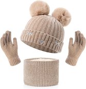 Winter set voor kinderen - 3 tot 10 jaar - Camel - 3 stuks - Ronde sjaal, pom pom muts, touchscreen handschoenen - 3-delige set - Black Friday 2023 - Kerstcadeau