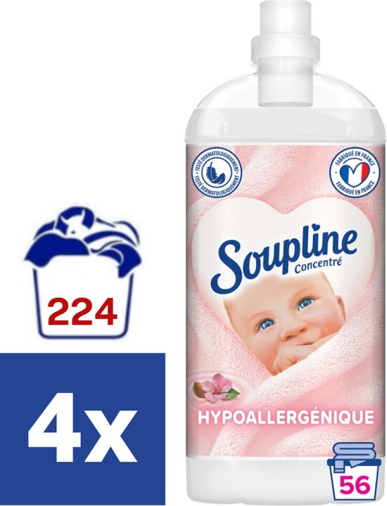Soupline Adoucissant Hypoallergénique Doux Lait d'Amande - 4 x 1300 ml (224  lavages)