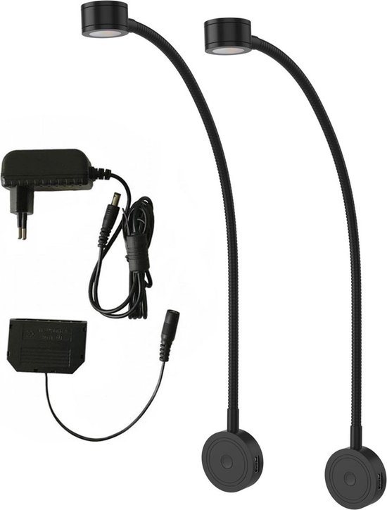 Deux lampes de lecture noires flexibles avec adaptateur et pièces supplémentaires.