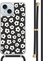 Casimoda® hoesje met zwart koord - Geschikt voor iPhone 15 - Retro Bloempjes - Afneembaar koord - TPU/acryl - Zwart