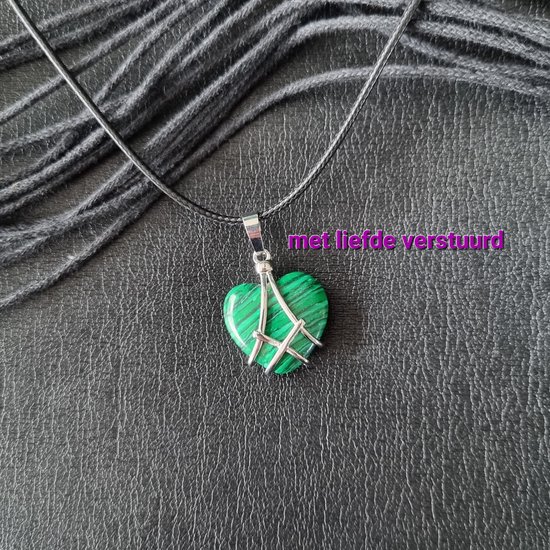 Foto: Edelsteen met leren ketting malachiet hart hanger