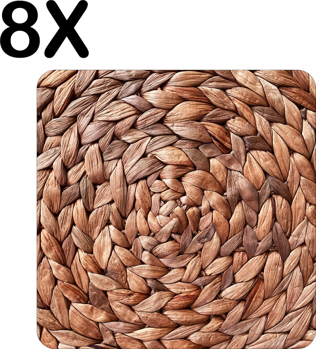 BWK Luxe Placemat - Gewoven Riet in een Cirkel - Set van 8 Placemats - 40x40 cm - 2 mm dik Vinyl - Anti Slip - Afneembaar