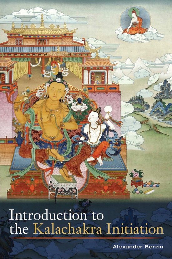 Boek 'Introduction to the Kalachakra Initiation' met een kleurrijke, gedetailleerde Tibetaanse boeddhistische schildering van godheden en een paleis.