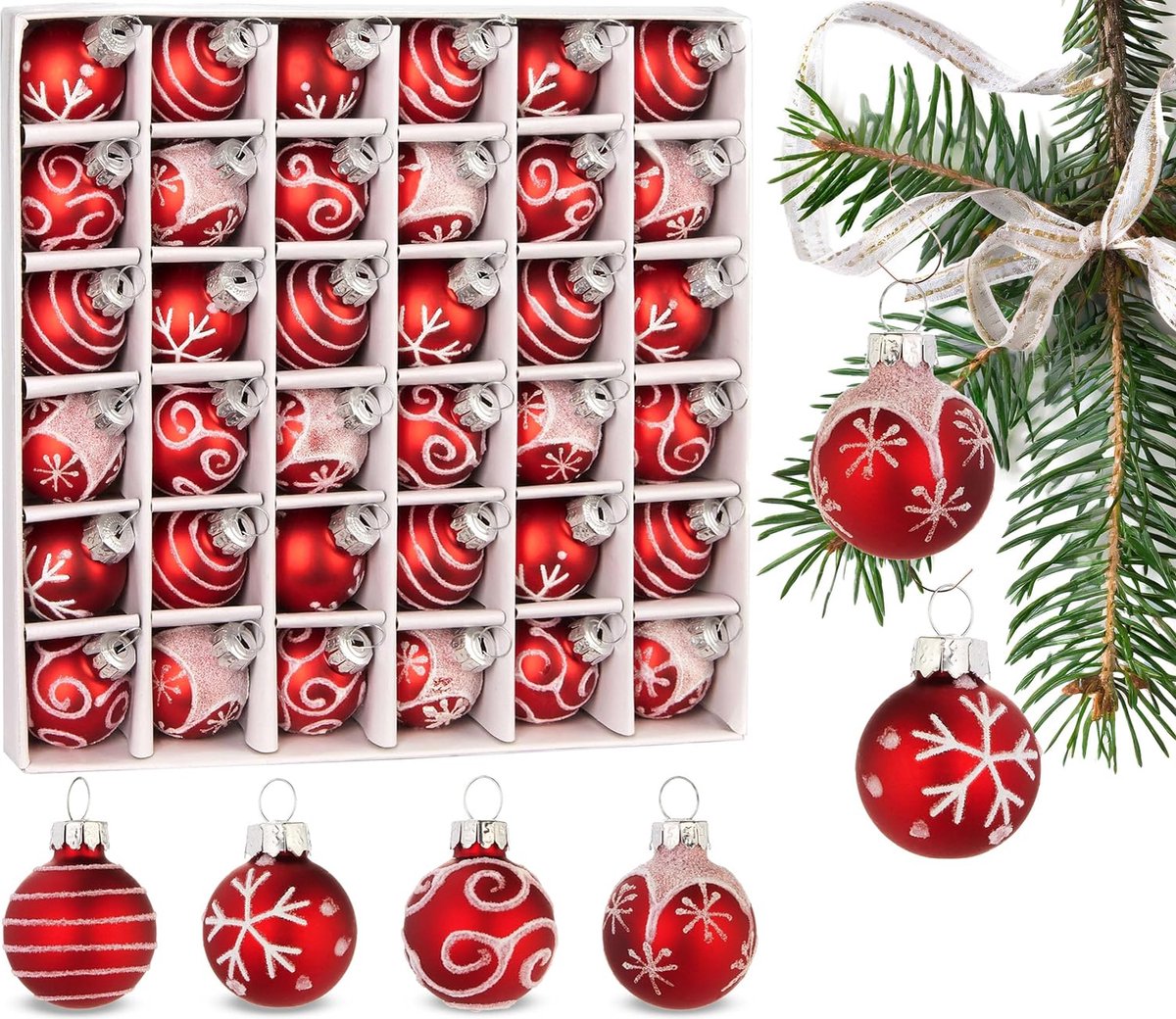 BRUBAKER 36-Delige Set Kerstballen Met 3 Cm Boomballen - Met De Hand Gedecoreerde Kerstboomversieringen Mini-Kerstballen Voor De Kerstboom En Kerstversiering - Kerstboomballen Van Glas – Rood
